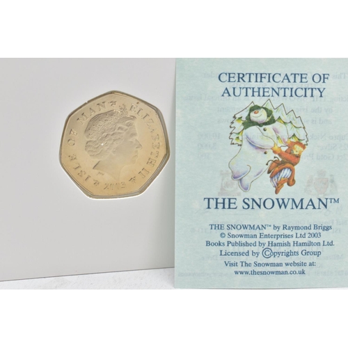 142 - ISLE OF MAN POBJOY CHRISTMAS DIAMOND FINISH FIFTY PENCE PAIR OF SNOWMAN AND JAMES 2003 BB coloured a... 