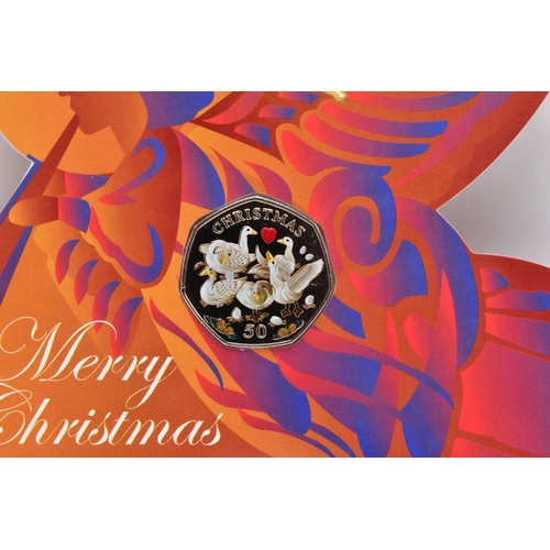 146 - ISLE OF MAN COLOURED 2010 CHRISTMAS FIFTY PENCE COIN on angel hanging card, Six Geese are Laying