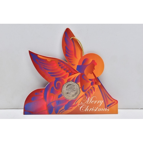 146 - ISLE OF MAN COLOURED 2010 CHRISTMAS FIFTY PENCE COIN on angel hanging card, Six Geese are Laying