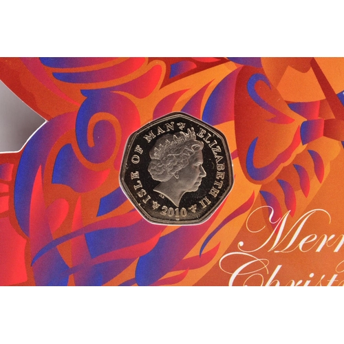 146 - ISLE OF MAN COLOURED 2010 CHRISTMAS FIFTY PENCE COIN on angel hanging card, Six Geese are Laying