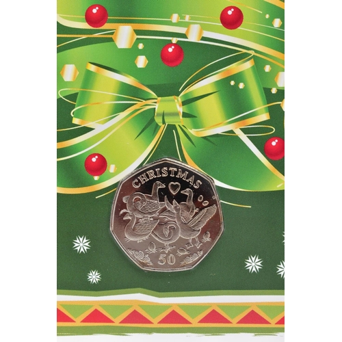 147 - THREE CARDED CHRISTMAS POBJOY ISLE OF MAN FIFTY PENCE DIAMOND FINISH, to include 2009 five Golden Ri... 