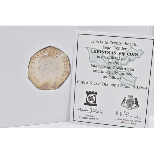 147 - THREE CARDED CHRISTMAS POBJOY ISLE OF MAN FIFTY PENCE DIAMOND FINISH, to include 2009 five Golden Ri... 