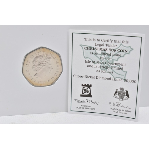 147 - THREE CARDED CHRISTMAS POBJOY ISLE OF MAN FIFTY PENCE DIAMOND FINISH, to include 2009 five Golden Ri... 