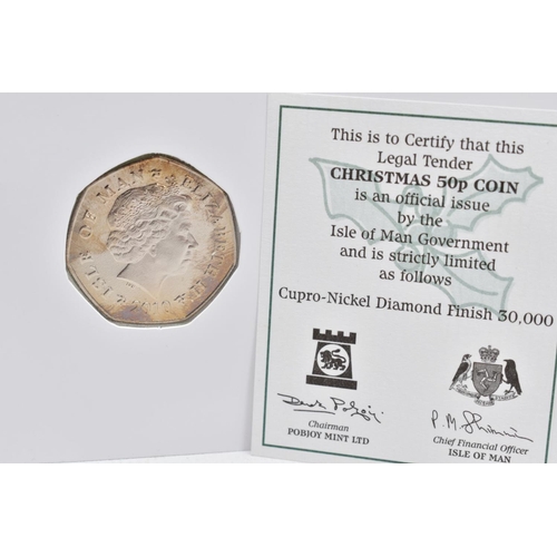 151 - A GROUP OF ISLE OF MAN CHRISTMAS FIFTY PENCE COINS, all diamond finished on greeting cards with C.O.... 