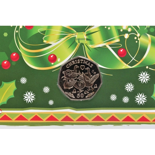 151 - A GROUP OF ISLE OF MAN CHRISTMAS FIFTY PENCE COINS, all diamond finished on greeting cards with C.O.... 