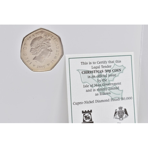 152 - A COLOURED ISLE OF MAN CHRISTMAS FIFTY PENCE Pobjoy diamond finish on card, a few coins have been ta... 