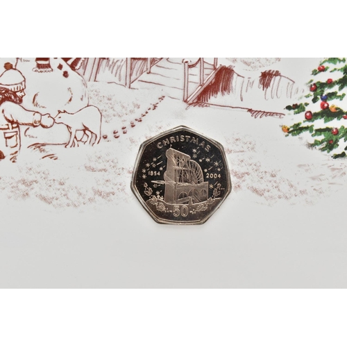 154 - THREE CHRISTMAS ISLE OF MAN 50P COINS, diamond finish to include 2008 Four Calling Birds, 2012 Angel... 