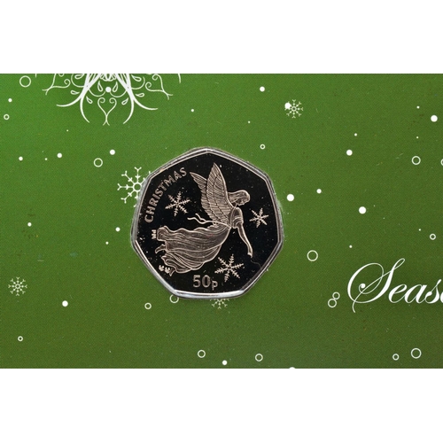 154 - THREE CHRISTMAS ISLE OF MAN 50P COINS, diamond finish to include 2008 Four Calling Birds, 2012 Angel... 