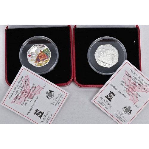 157 - BOXED ISLE OF MAN 2008 SILVER PROOF PAIR OF CHRISTMAS FIFTY PENCE COINS, to include a coloured four ... 