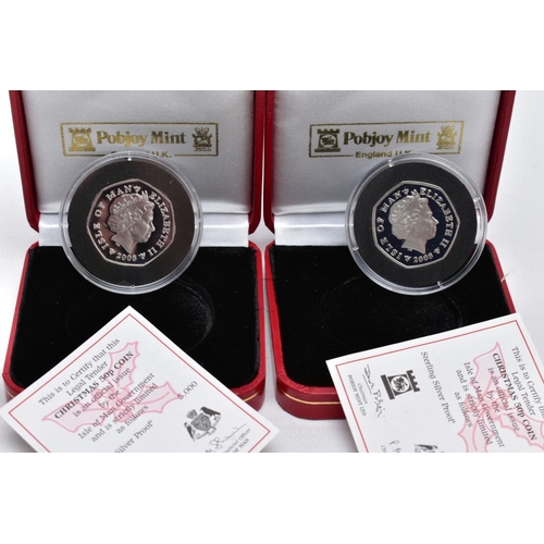 157 - BOXED ISLE OF MAN 2008 SILVER PROOF PAIR OF CHRISTMAS FIFTY PENCE COINS, to include a coloured four ... 