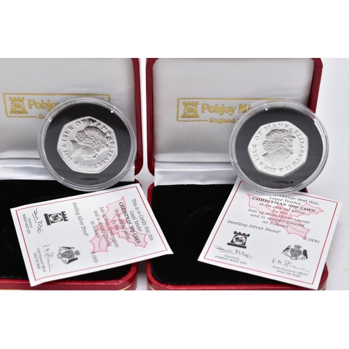 158 - ISLE OF MAN SILVER PROOF PAIR OF CHRISTMAS FIFTY PENCE COINS, to include a coloured five Golden Ring... 