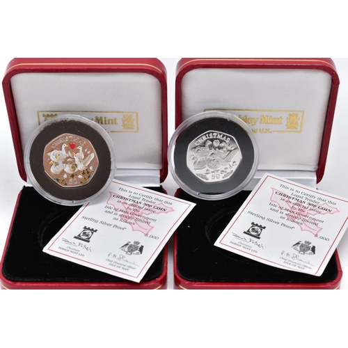 159 - BOXED PAIR OF ISLE OF MAN SILVER PROOF COINS, to include a coloured six Geese A Laying and plain pro... 