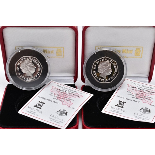 159 - BOXED PAIR OF ISLE OF MAN SILVER PROOF COINS, to include a coloured six Geese A Laying and plain pro... 