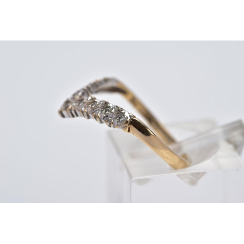 16 - A 9CT GOLD DIAMOND WISHBONE RING, set with a row of single cut diamonds, to a plain polished band, h... 