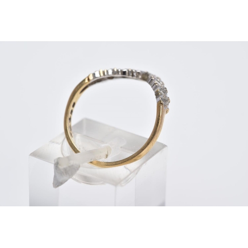 16 - A 9CT GOLD DIAMOND WISHBONE RING, set with a row of single cut diamonds, to a plain polished band, h... 