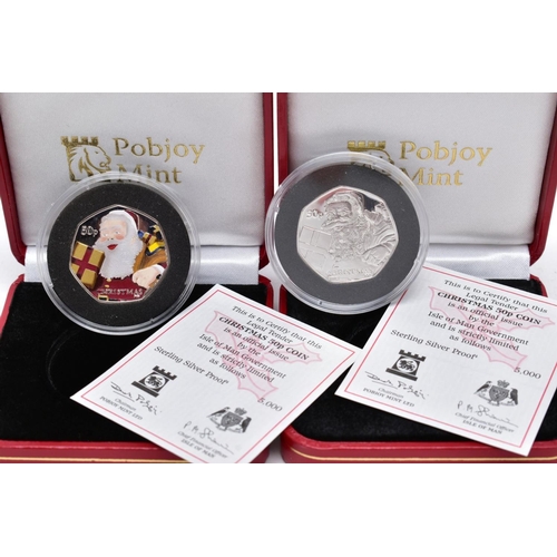 160 - TWO ISLE OF MAN SILVER PROOF FIFTY PENCE COINS IN BOXES OF TISSUE by Pobjoy Mint, to include a colou... 