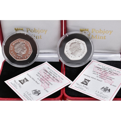 160 - TWO ISLE OF MAN SILVER PROOF FIFTY PENCE COINS IN BOXES OF TISSUE by Pobjoy Mint, to include a colou... 