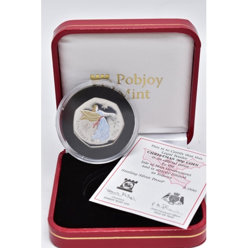 161 - A BOXED SILVER PROOF OF THE ISLE OF MAN CHRISTMAS FIFTY PENCE SERIES, a 2012 coloured angel .925 sil... 