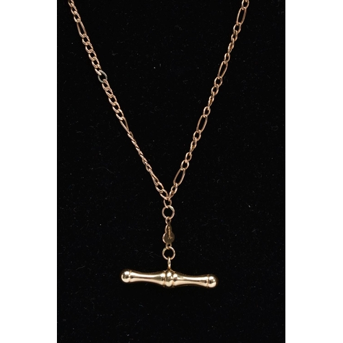 170 - A 9CT GOLD T-BAR PENDANT NECKLACE, the T-bar pendant suspending from a signed 'I.B.B' link hallmarke... 