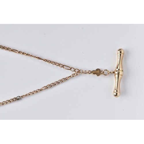 170 - A 9CT GOLD T-BAR PENDANT NECKLACE, the T-bar pendant suspending from a signed 'I.B.B' link hallmarke... 