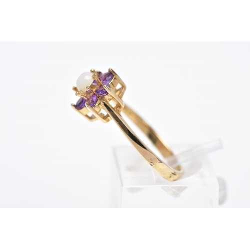 20 - A 9CT GOLD OPAL AND AMETHYST CLUSTER RING, designed with a central opal cabochon (one claw has moved... 