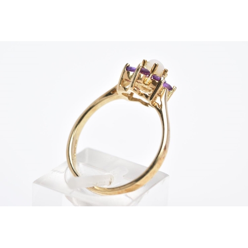 20 - A 9CT GOLD OPAL AND AMETHYST CLUSTER RING, designed with a central opal cabochon (one claw has moved... 