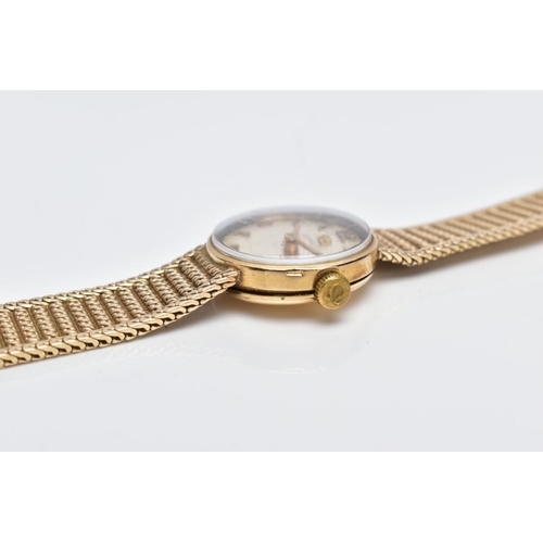 22 - A LADIES MID TO LATE 20TH CENTURY 9CT GOLD OMEGA WRISTWATCH, round silver dial signed 'Omega', Arabi... 