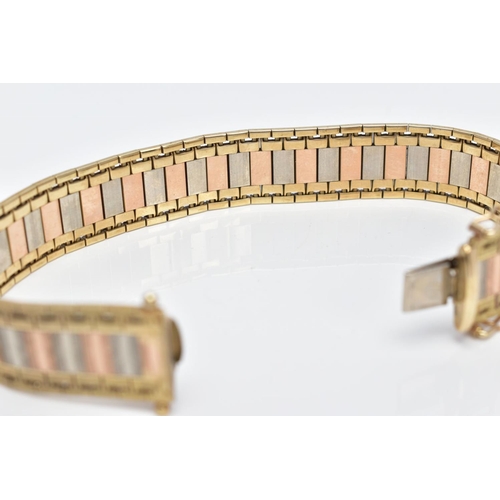 23 - A 9CT TRI-COLOURED GOLD WIDE FLAT LINK BRACELET, designed with textured yellow, rose and white colou... 