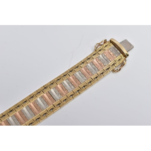 23 - A 9CT TRI-COLOURED GOLD WIDE FLAT LINK BRACELET, designed with textured yellow, rose and white colou... 