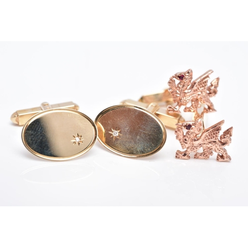 3 - TWO PAIRS OF 9CT GOLD CUFFLINKS, the first a pair of yellow and rose gold Clogau cufflinks in the fo... 