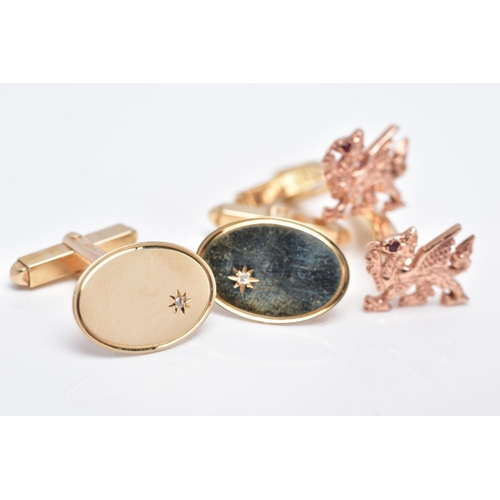 3 - TWO PAIRS OF 9CT GOLD CUFFLINKS, the first a pair of yellow and rose gold Clogau cufflinks in the fo... 