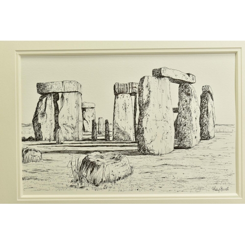 303 - PHILLIP BISSELL (BRITISH CONTEMPORARY) 'STONEHENGE' a pen and ink sketch of the ancient monument, si... 