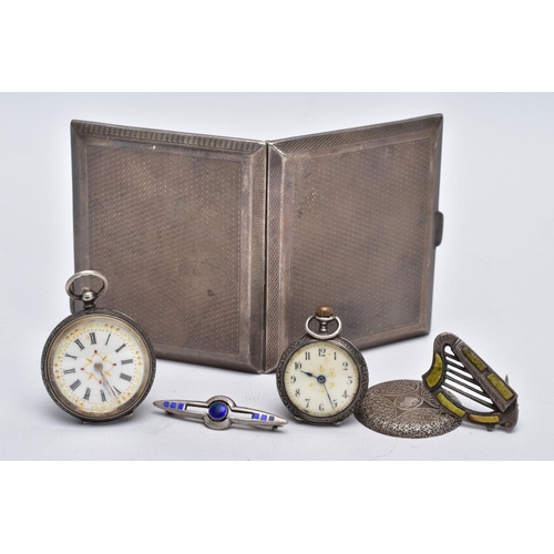 32 - A SILVER CIGARETTE CASE, TWO BROOCHES AND TWO POCKET WATCHES, the cigarette case of an engine turn d... 