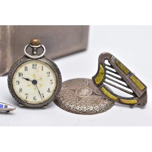 32 - A SILVER CIGARETTE CASE, TWO BROOCHES AND TWO POCKET WATCHES, the cigarette case of an engine turn d... 