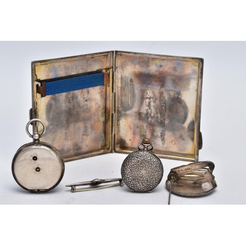 32 - A SILVER CIGARETTE CASE, TWO BROOCHES AND TWO POCKET WATCHES, the cigarette case of an engine turn d... 