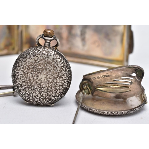 32 - A SILVER CIGARETTE CASE, TWO BROOCHES AND TWO POCKET WATCHES, the cigarette case of an engine turn d... 