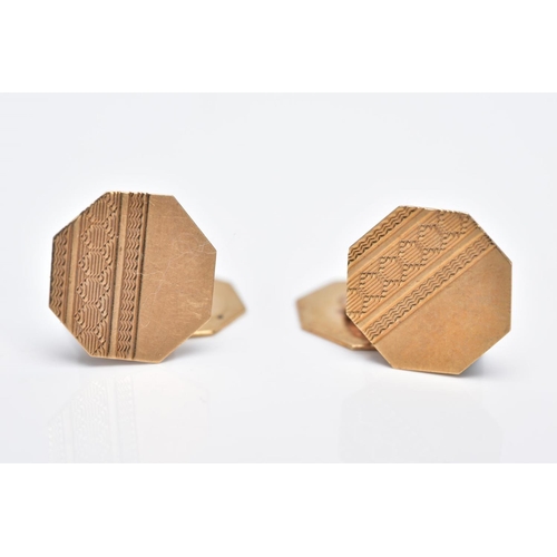 33 - A PAIR OF 9CT GOLD CUFFLINKS, each of a hexagonal form, with a half polished and half engine turn de... 