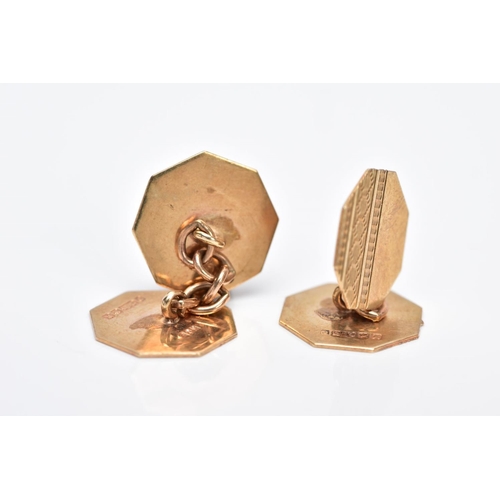 33 - A PAIR OF 9CT GOLD CUFFLINKS, each of a hexagonal form, with a half polished and half engine turn de... 