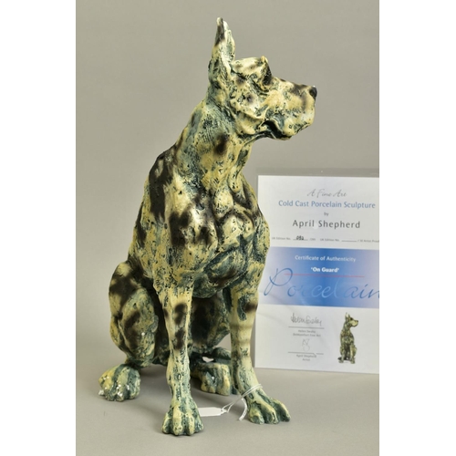 338 - APRIL SHEPHERD (BRITISH CONTEMPORARY) 'ON GUARD' a limited edition sculpture of a Great Dane dog 52/... 