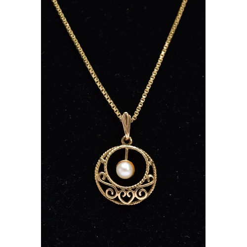 34 - A 9CT GOLD CULTURED PEARL PENDANT NECKLET, the pendant of an openwork circular design set with a sin... 