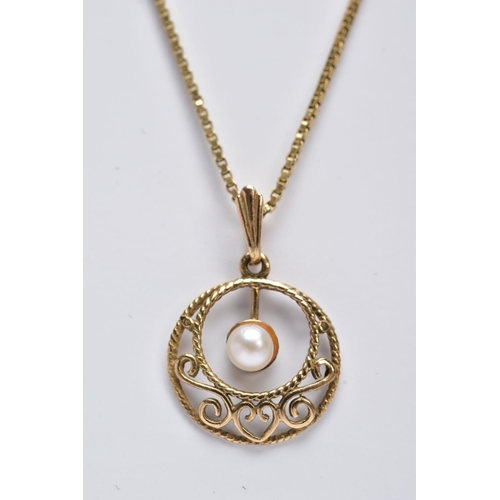 34 - A 9CT GOLD CULTURED PEARL PENDANT NECKLET, the pendant of an openwork circular design set with a sin... 