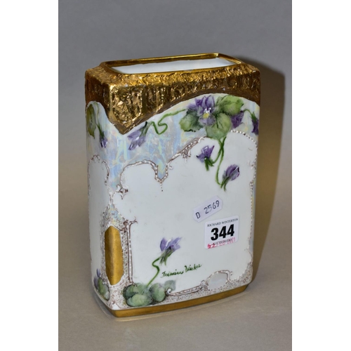 344 - A 20TH CENTURY RECTANGULAR PORCELAIN VASE HAND PAINTED WITH VIOLETS, in the Edwardian style, signed ... 