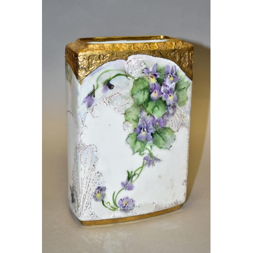 344 - A 20TH CENTURY RECTANGULAR PORCELAIN VASE HAND PAINTED WITH VIOLETS, in the Edwardian style, signed ... 