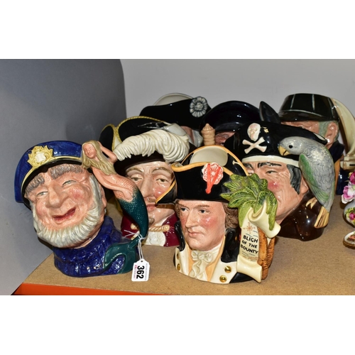 362 - EIGHT ROYAL DOULTON LARGE CHARACTER JUGS, comprising Captain Bligh D6967, second, Old Salt, D6551, P... 