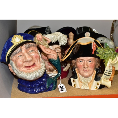 362 - EIGHT ROYAL DOULTON LARGE CHARACTER JUGS, comprising Captain Bligh D6967, second, Old Salt, D6551, P... 