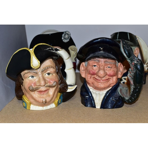 362 - EIGHT ROYAL DOULTON LARGE CHARACTER JUGS, comprising Captain Bligh D6967, second, Old Salt, D6551, P... 