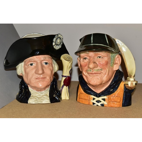 362 - EIGHT ROYAL DOULTON LARGE CHARACTER JUGS, comprising Captain Bligh D6967, second, Old Salt, D6551, P... 