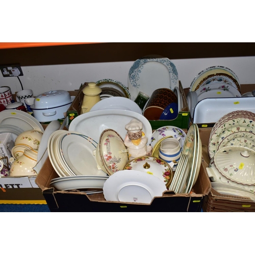 367 - SIX BOXES OF ASSORTED DINNER WARES, KITCHEN CROCKERY AND UTENSILS, ETC, including a John Russell des... 