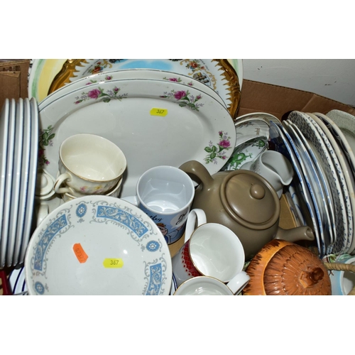 367 - SIX BOXES OF ASSORTED DINNER WARES, KITCHEN CROCKERY AND UTENSILS, ETC, including a John Russell des... 