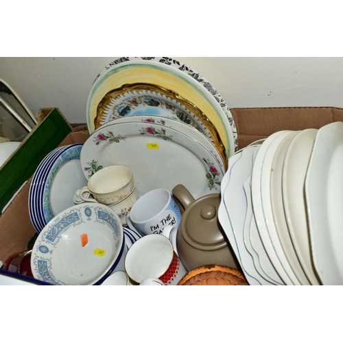 367 - SIX BOXES OF ASSORTED DINNER WARES, KITCHEN CROCKERY AND UTENSILS, ETC, including a John Russell des... 